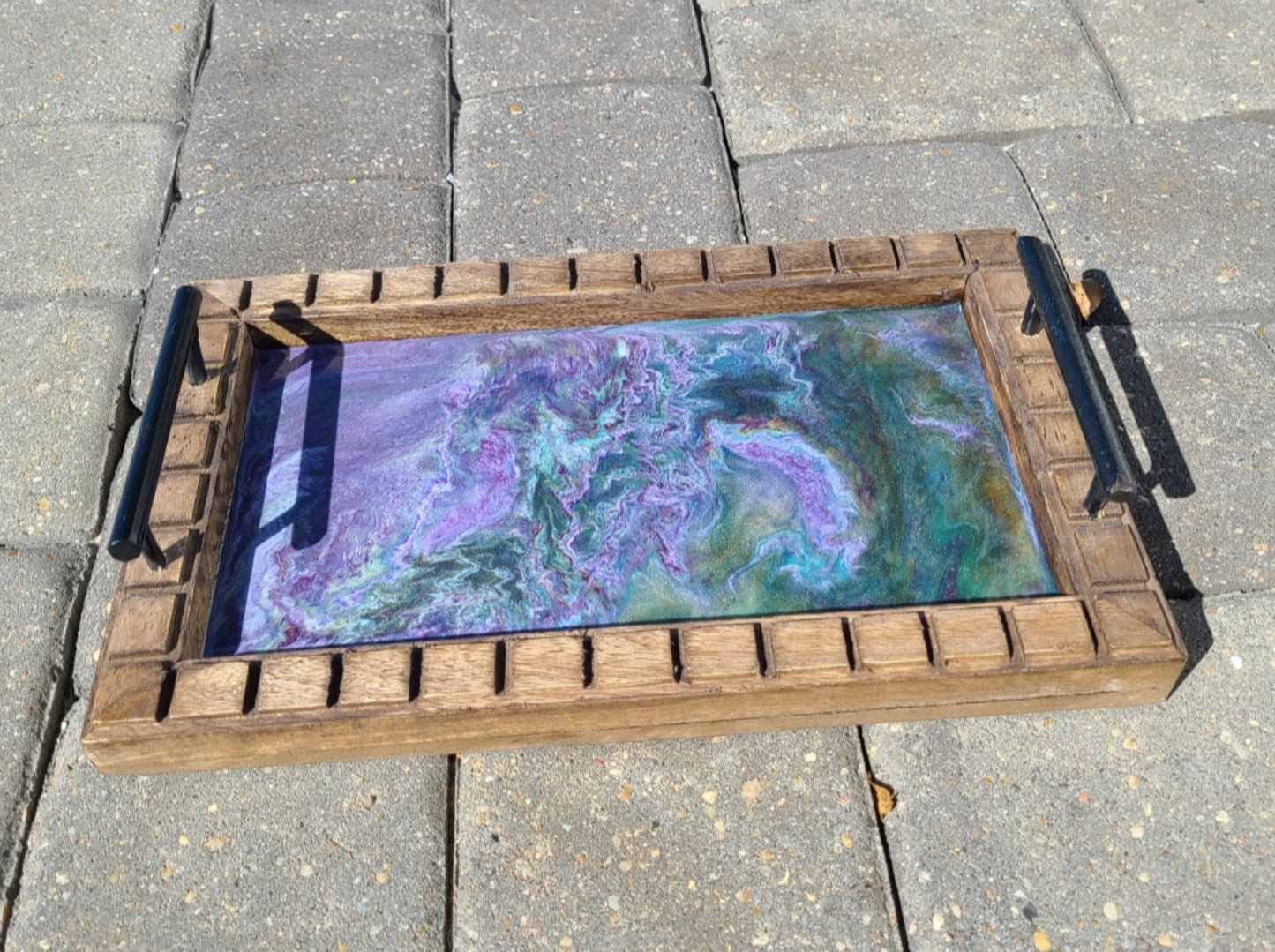 Small Rectangular Wood Serving or Trinket Tray, Purple and Green Resin