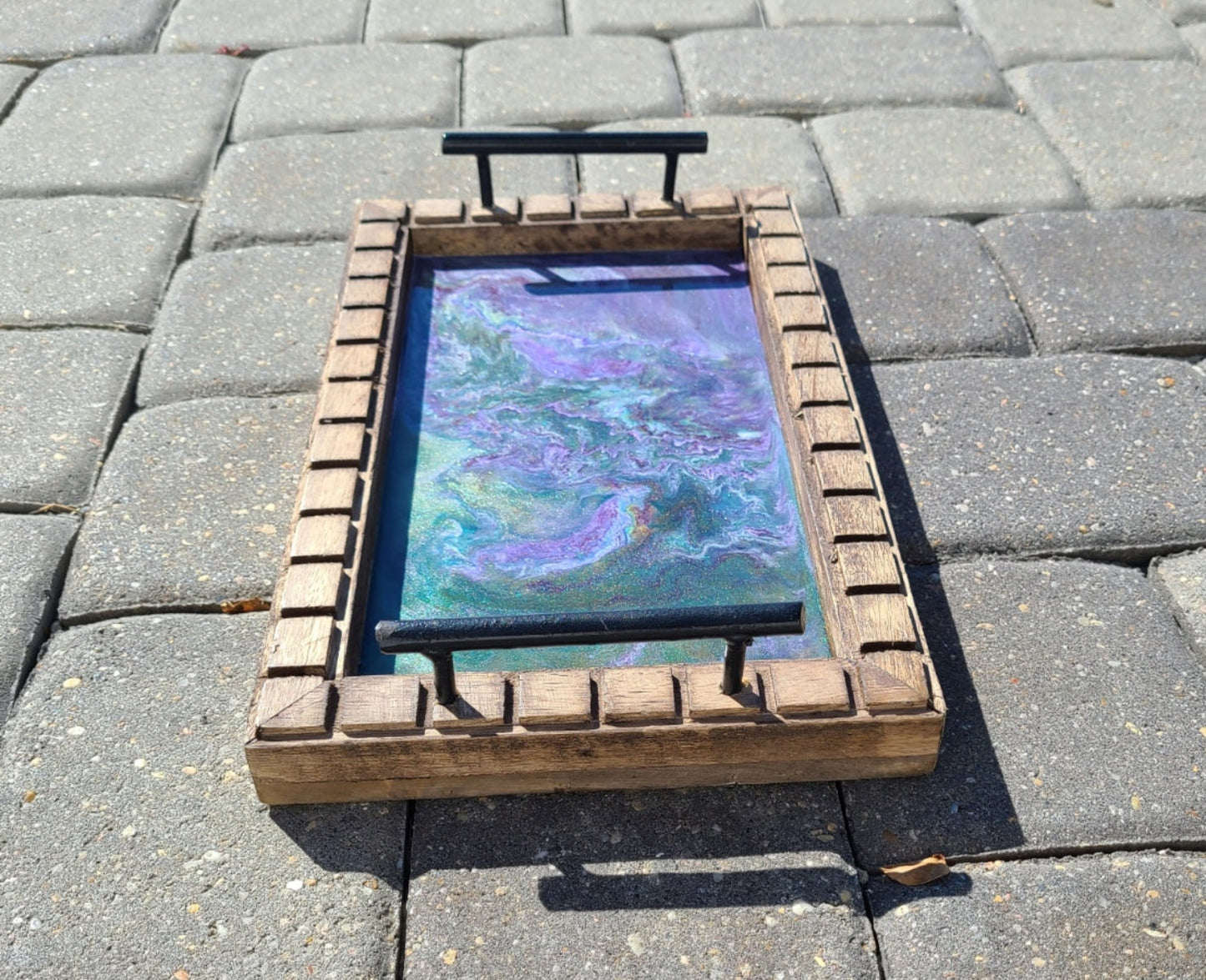 Small Rectangular Wood Serving or Trinket Tray, Purple and Green Resin