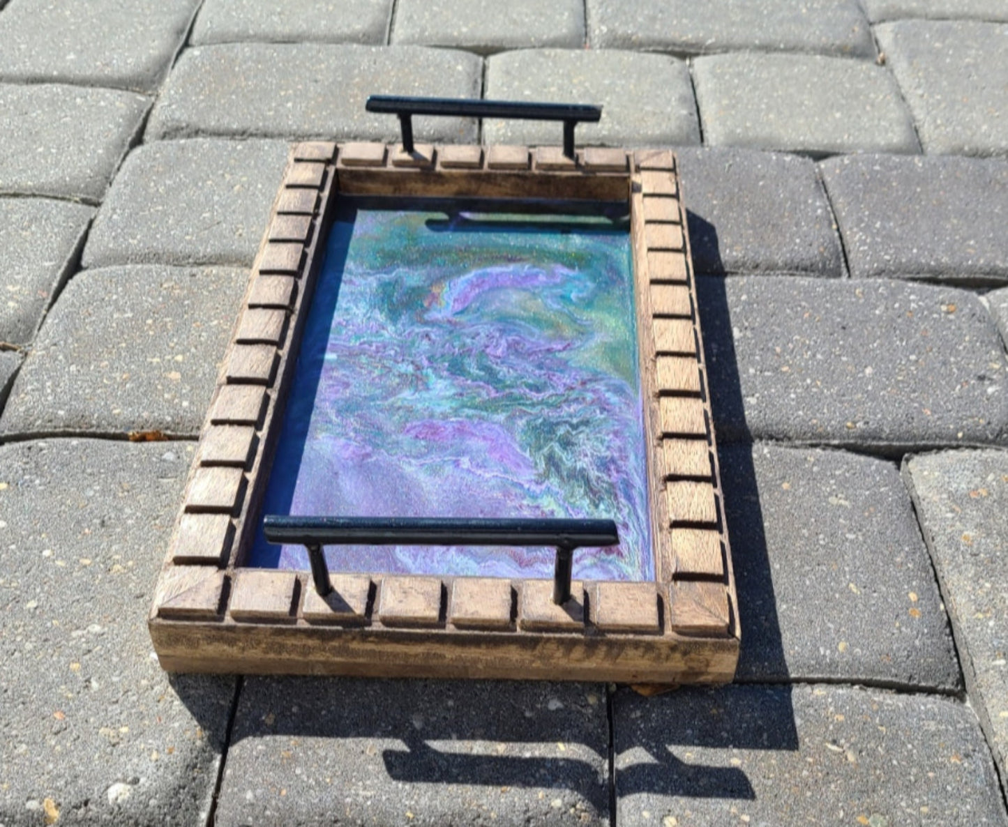 Small Rectangular Wood Serving or Trinket Tray, Purple and Green Resin