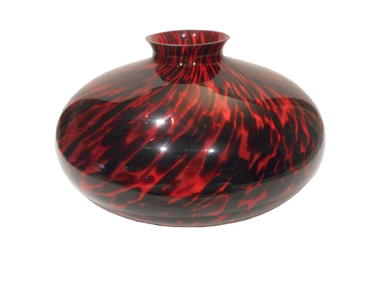 15.5 x 9.5 inches glass vase. Large statement piece. Wider than it is tall. Red glass with black swirls resembling a leopard print. Made in Poland