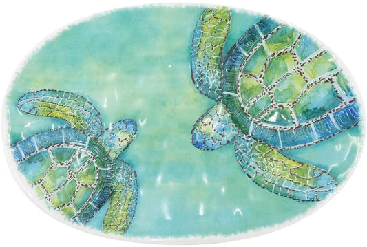 Two embossed sea turtles come from the sides toward the middle of this oval platter.  The whole platter is textured.  Beautiful illustration. Blue greens.  100% Melamine.  Measures 17 x 11 inches