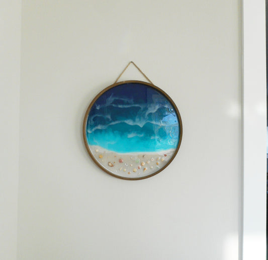 Shadowbox Ocean Scene, Jute Hanger, Sand, Shells, Glass