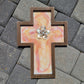  These colors remind me of delicious creamy sherbet: oranges, pinks, gold and white resin. In the Center, I placed abalone shells and a pearl Wood MDF cross with saw tooth hanger on the back Approximate size: 14.25 x 10 inches
