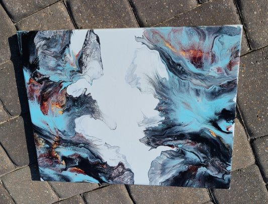 Abstract Art on Canvas Wall Art.  Acrylic Painting  Smokey blue, black and gray waves roll over copper lava  Do you see the Platypus and possibly a buffalo?  20 x 16 x .75 inches