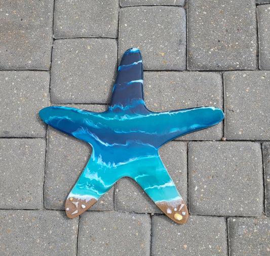 Cute starfish has the ocean depths and waves of color and a beach too!  I created the beach from sand and shells of Panama City Beach.  Resin of dark blue, turquoise and greens with splashes of white waves.  Made of lightweight MDF.  Saw tooth hanger on the back.  Approximate size: 14 x 14 inches