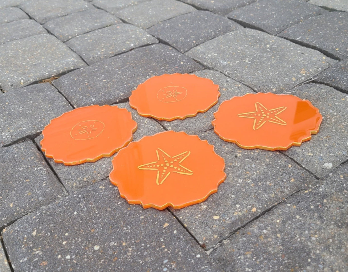 Set of 4 Geode Shaped Coasters, Sunset Orange With Starfish and Sand Dollars