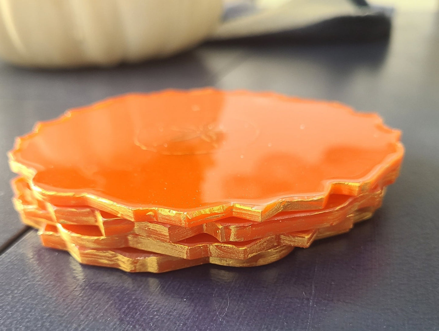 Set of 4 Geode Shaped Coasters, Sunset Orange With Starfish and Sand Dollars