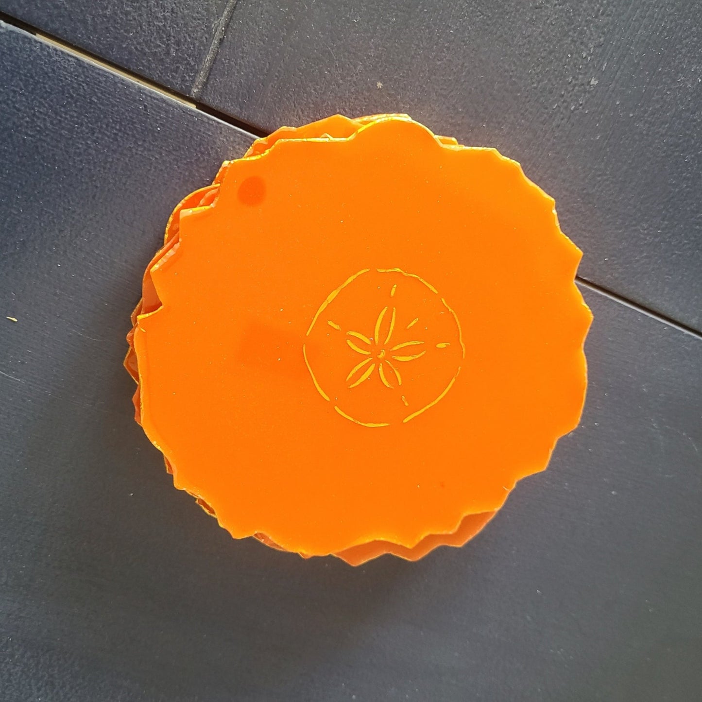 Set of 4 Geode Shaped Coasters, Sunset Orange With Starfish and Sand Dollars