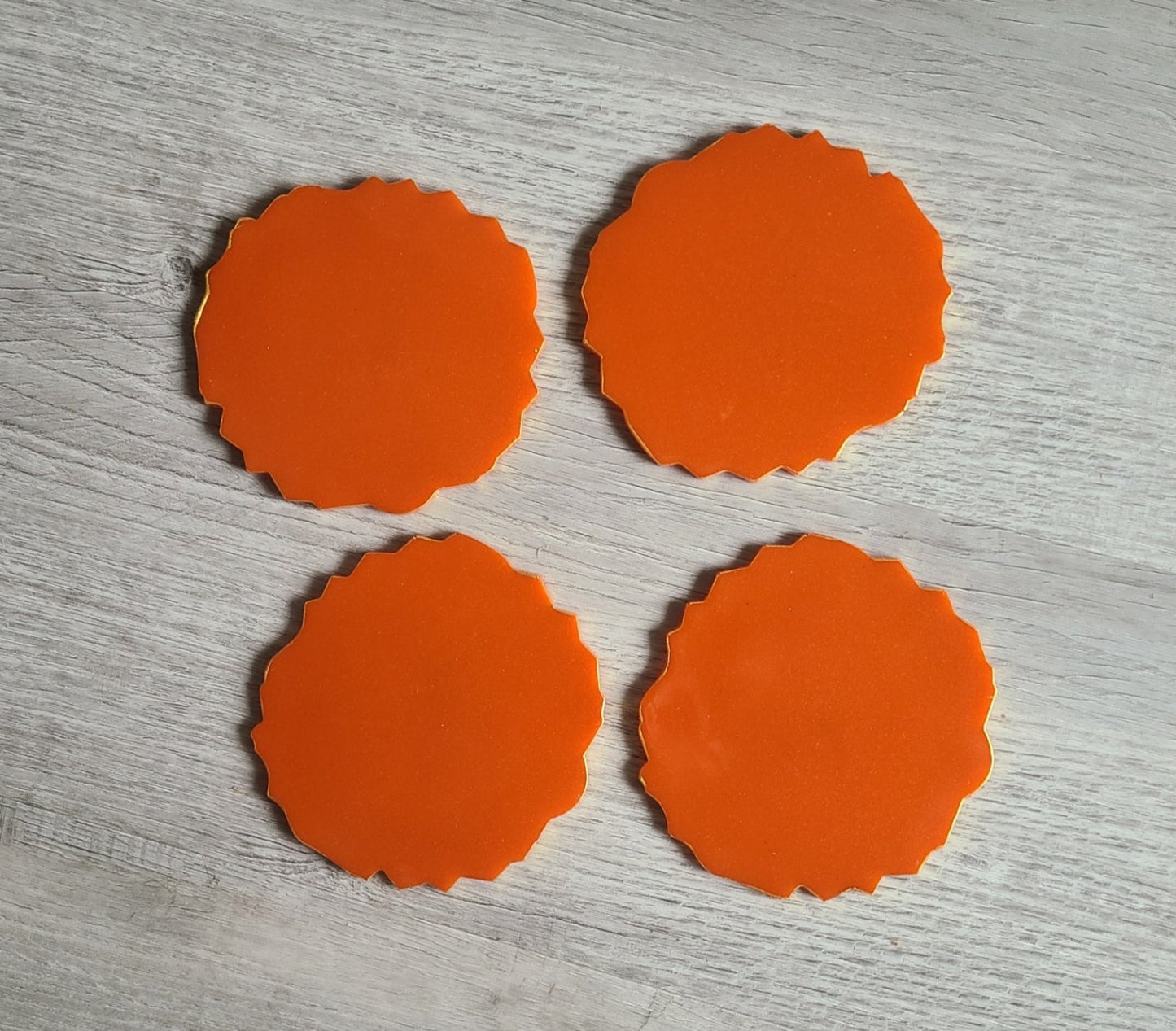 Set of 4 Geode Shaped Coasters, Sunset Orange With Starfish and Sand Dollars