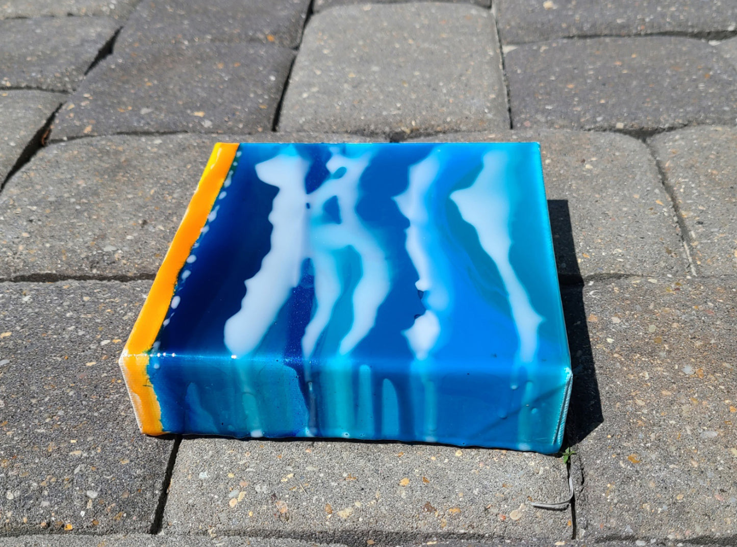 Small 6x6 Canvas and Resin Art, Sunset Over The Ocean