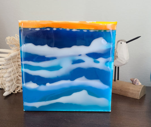 Small 6x6 Canvas and Resin Art, Sunset Over The Ocean