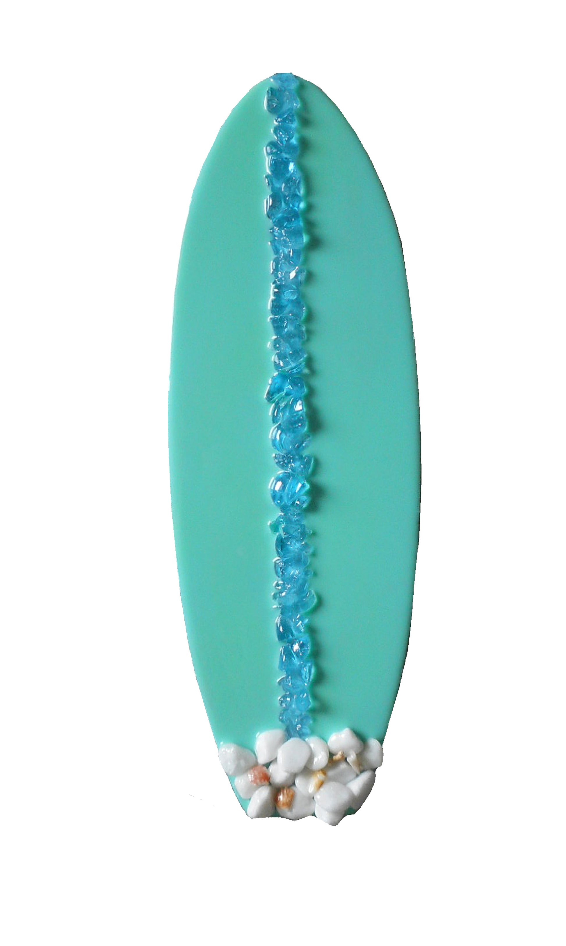 Shiny resin coats this surfboard with broken glass accents for a middle stripe and small rocks and shells on wood. The shells came from Panama City Beach.  Resin is UV resistant. Approximate size: 14 inches long, 4.75 inches wide. Made by me in Florida.  If you'd like me to sign on the back, leave a message with your order.