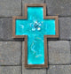 Beautiful Turquoise, teal and white with a small amount of gold in this beautiful cross. The colors really sparkle!  Resin  In the Center, I placed abalone shells and a acrylic "diamond"  Wood MDF cross with saw tooth hanger on the back  Approximate size: 14.25 x 10 inches