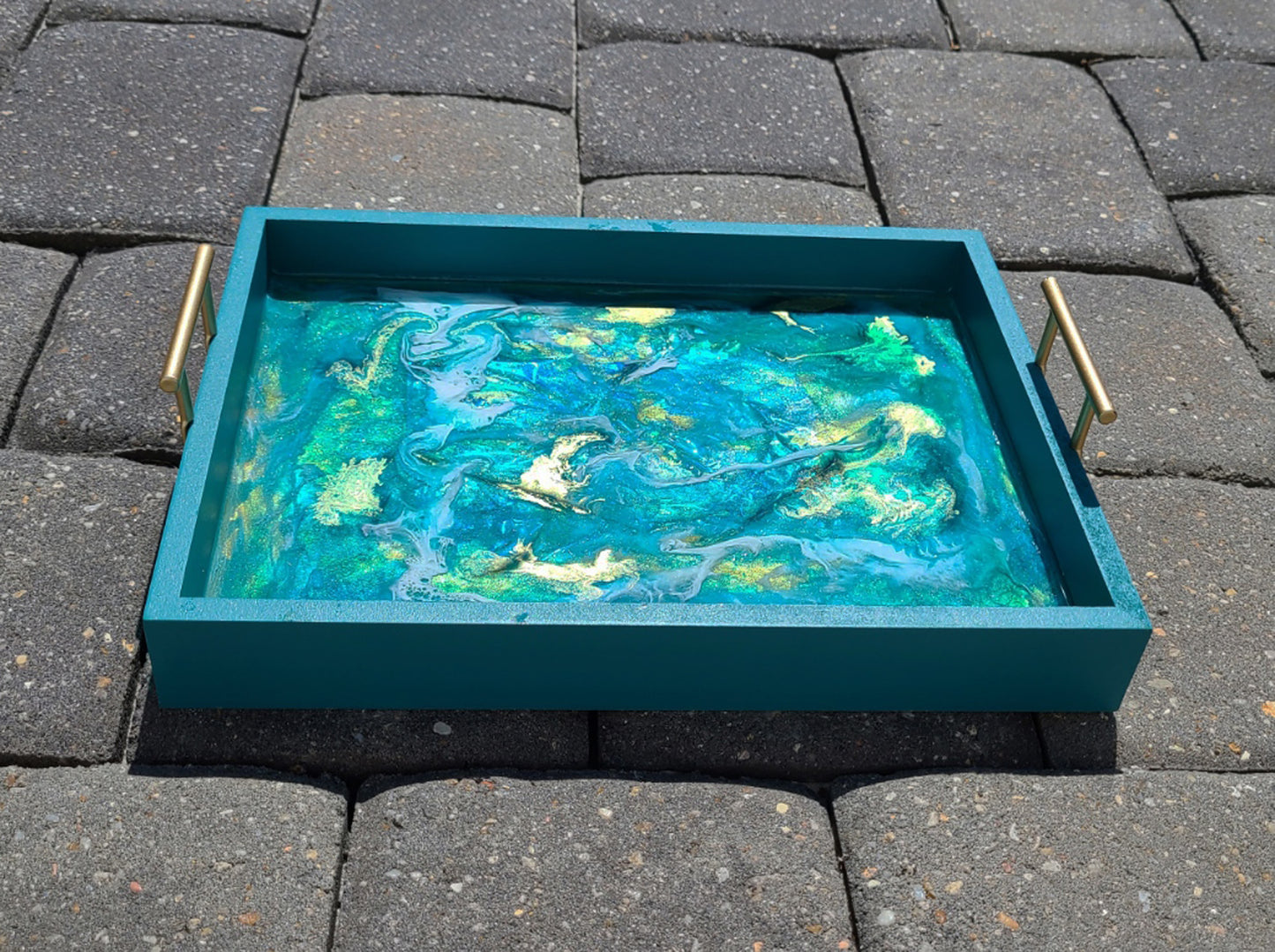 Turquoise and Gold Tray with Turbulent Resin Water Scene