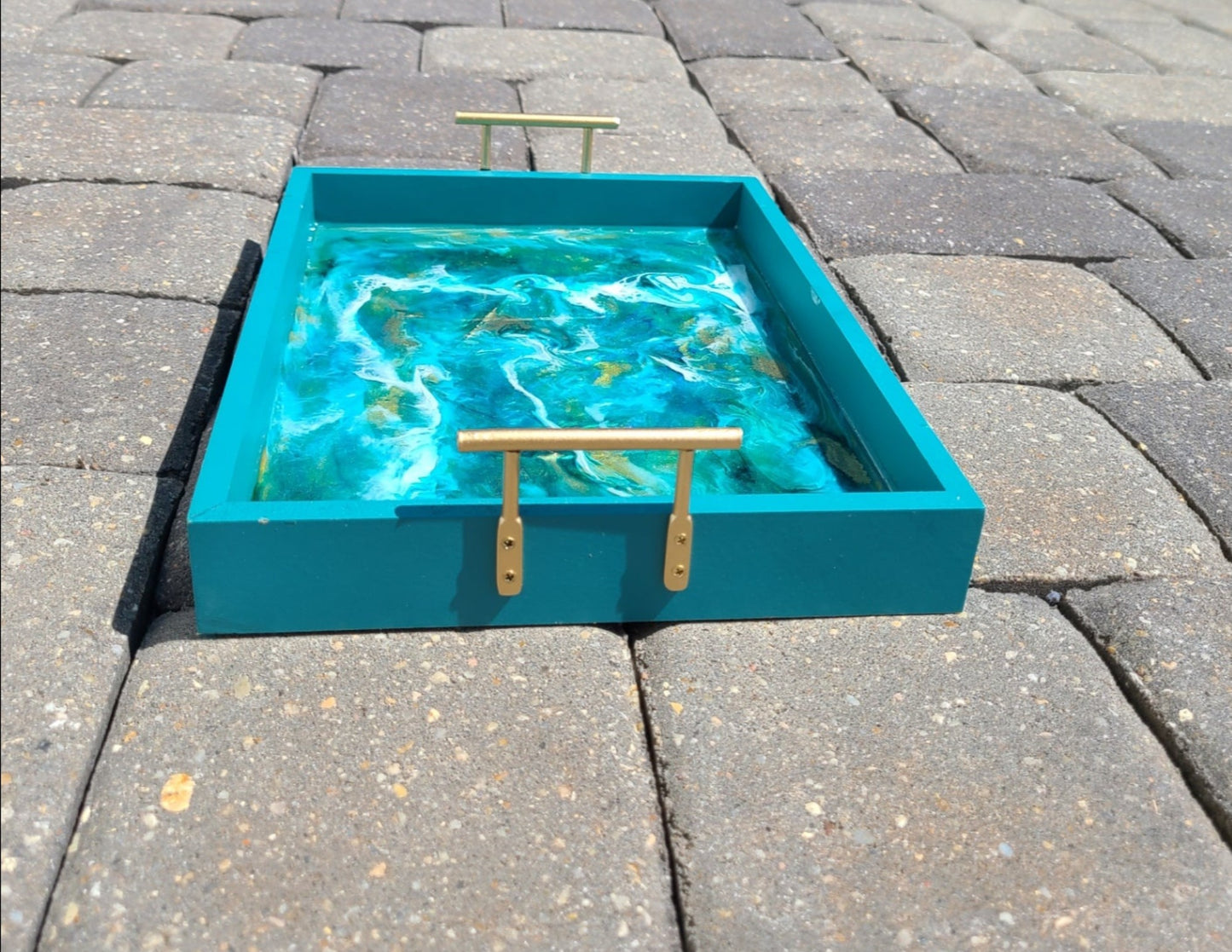 Turquoise and Gold Tray with Turbulent Resin Water Scene