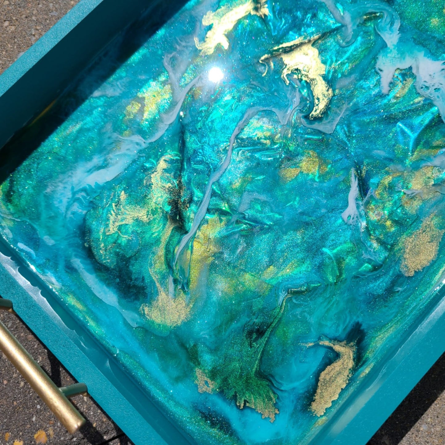 Turquoise and Gold Tray with Turbulent Resin Water Scene