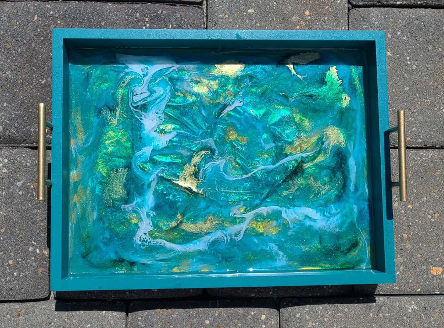 Turquoise and Gold Tray with Turbulent Resin Water Scene