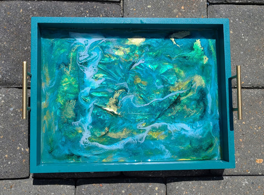 Turquoise and Gold Tray with Turbulent Resin Water Scene