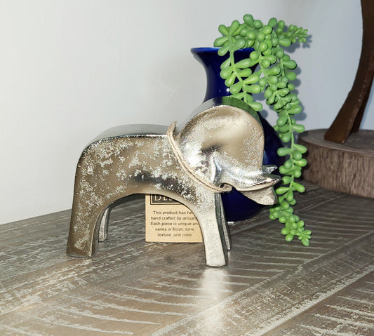 Baby Elephant Small Sculpture, Tusk, Tusk, Silver Tone, 6 inches Tall