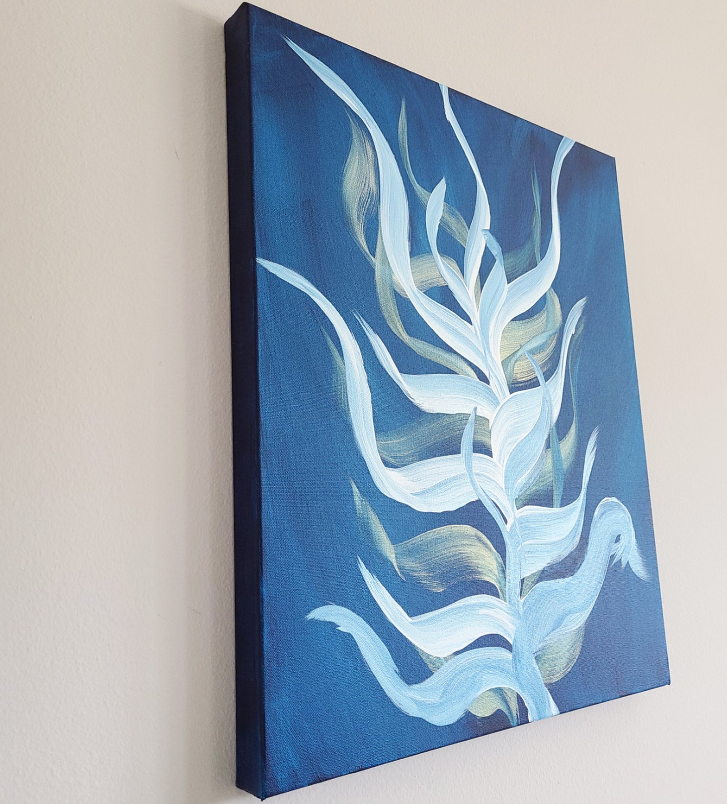 Underwater Beauty, Original Wall Art, White and Gold Plant Flowing in Blue Waters
