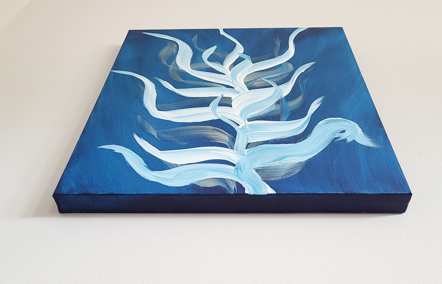 Underwater Beauty, Original Wall Art, White and Gold Plant Flowing in Blue Waters