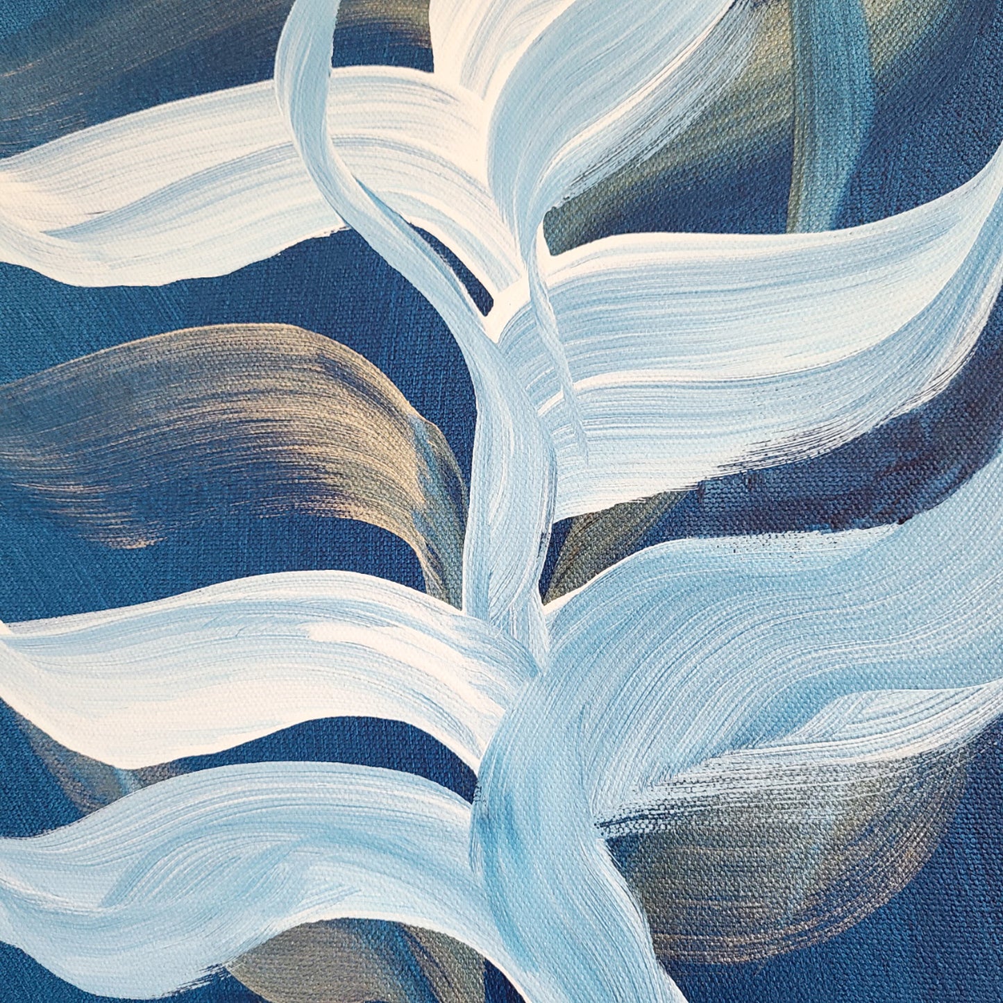 Underwater Beauty, Original Wall Art, White and Gold Plant Flowing in Blue Waters