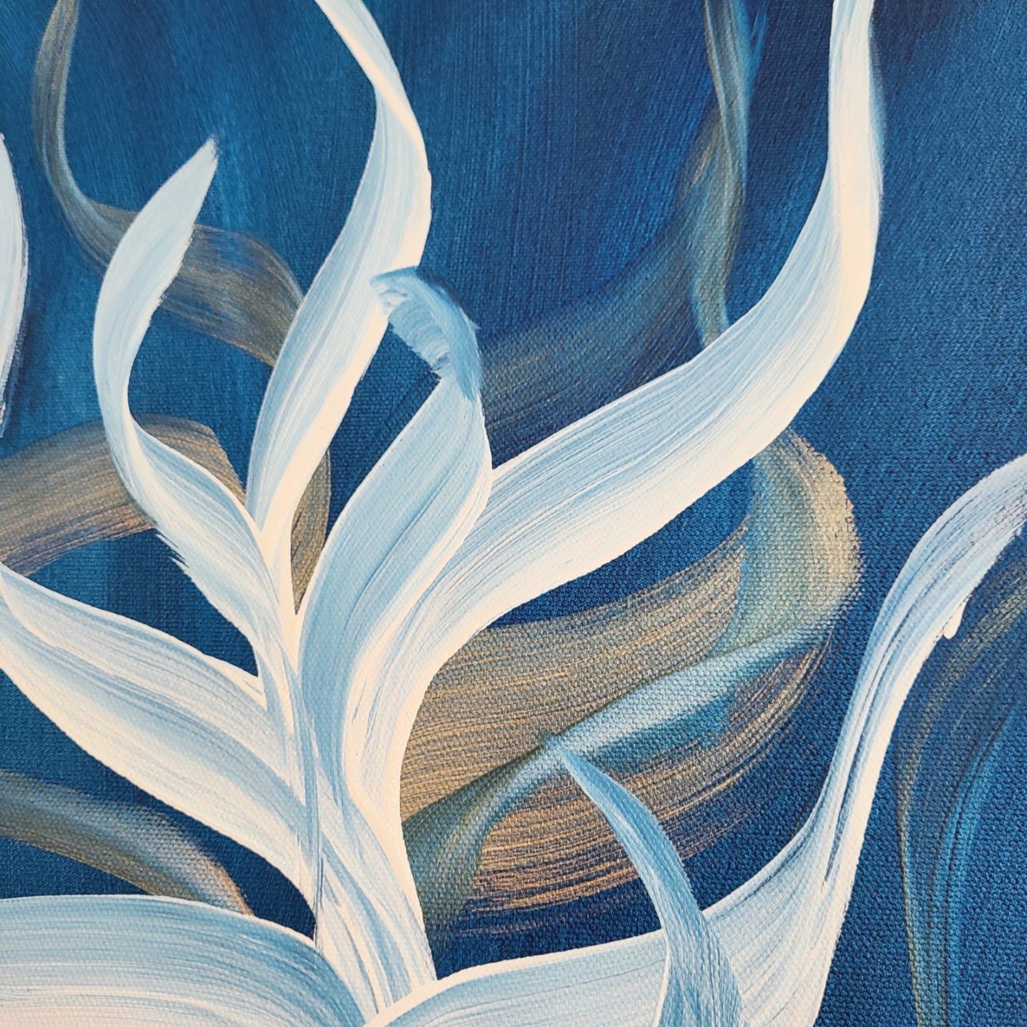 Underwater Beauty, Original Wall Art, White and Gold Plant Flowing in Blue Waters