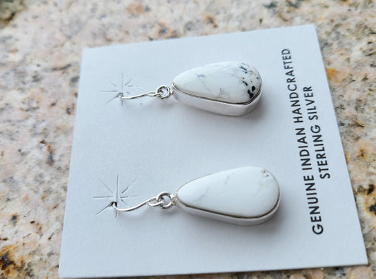 Native American Earrings, White Buffalo Pear Shaped, French Hook Dangle