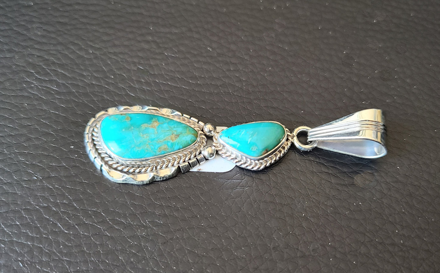 Two Stone Kingman Turquoise Pendant, Navajo, Sam Yellowhair