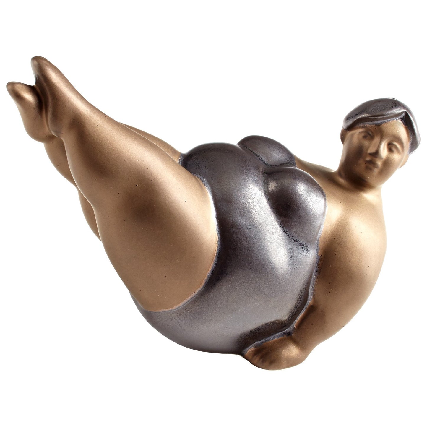 Plus size woman. Painted ceramic. Bronze and black colors. In a yoga pose, modified boat pose. Approximate size: 5.75 inches wide; 4.75 inches tall (to the point of her feet