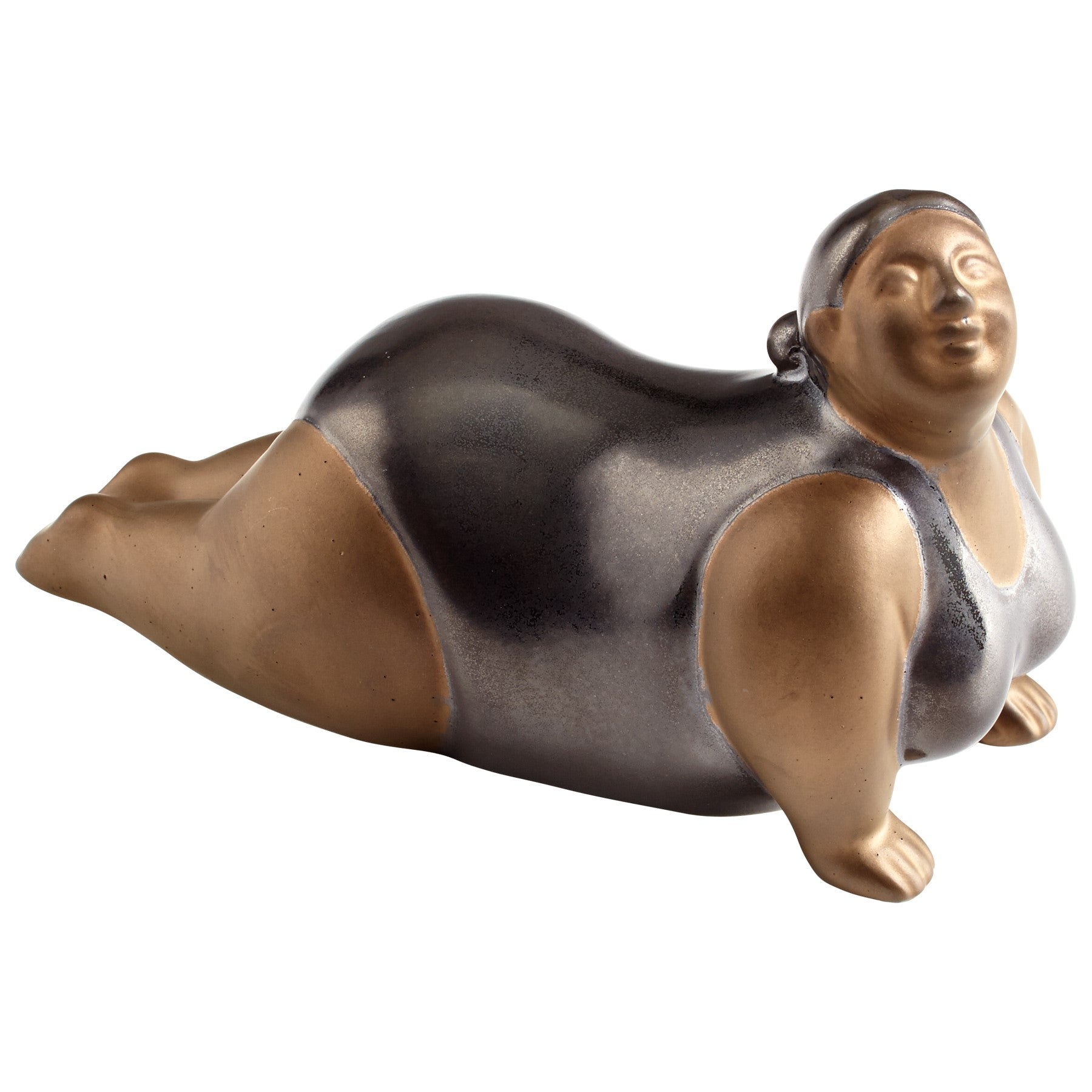 Plus size woman doing yoga. Cobra Pose. Painted ceramic looks like bronze. Felt feet to protect your furniture. Approximate size: 7.25 x 2.75 x 3.75 inches